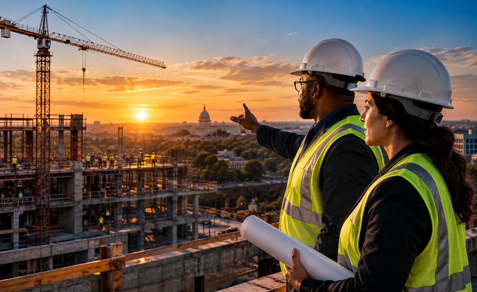 Project coordination professionals reviewing an active construction site at sunset.